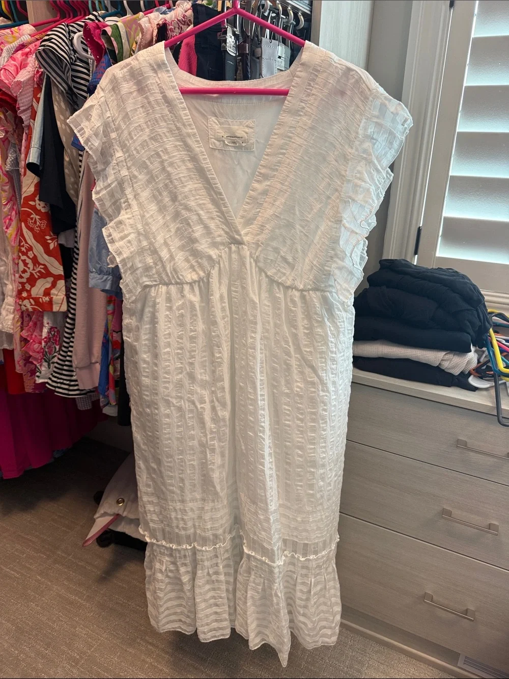 Anthropologie White Textured V-Neck Midi Dress with Ruffle Details - Picture 1 of 3